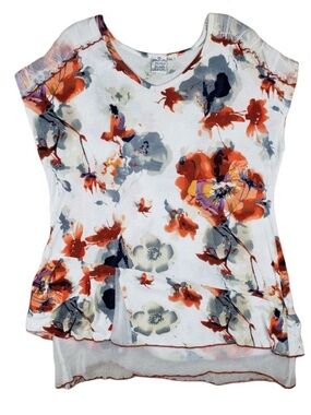 Parsley & Sage White Floral Ruffle Sleeve Top with Orange & Gray Print 1X